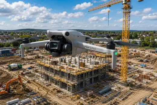 Survey drone flying over a construction site