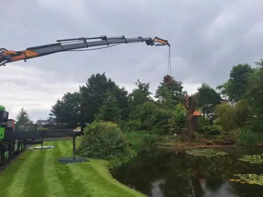 HIAB crane lifting over trees beside a pond