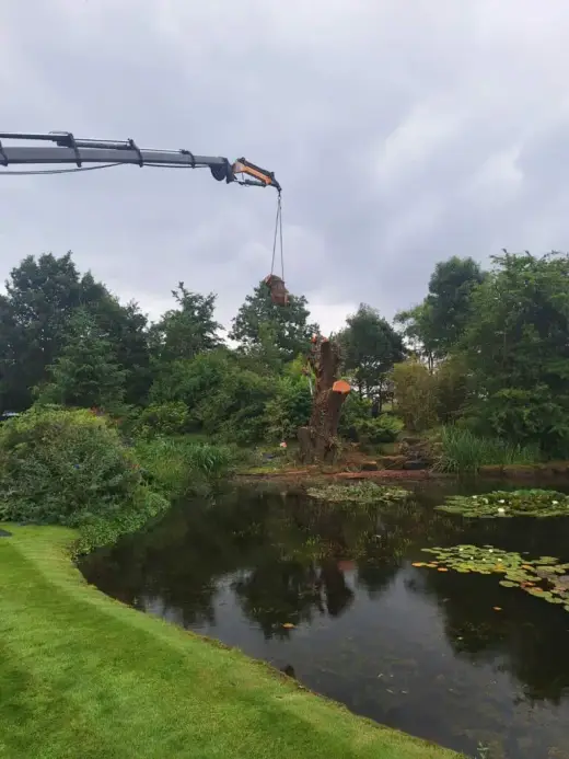 HIAB crane lifting over a garden pond