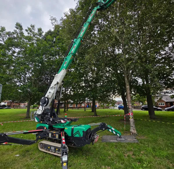 Spider crane on outriggers on a grass verge